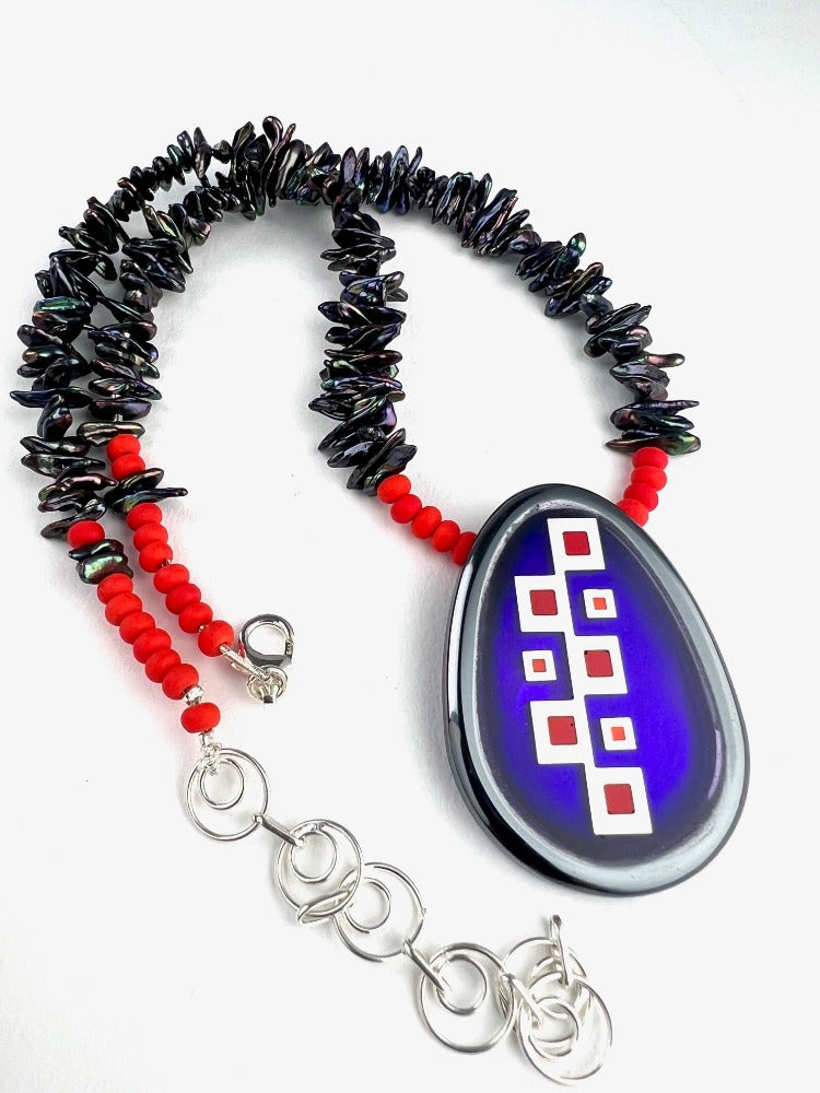 Purple Hematite Pendant Necklace with Black Pearls and Red Beads