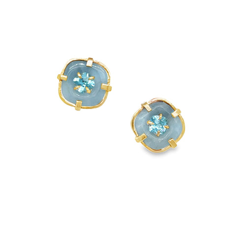 Aquamarine and Zircon Button Earrings