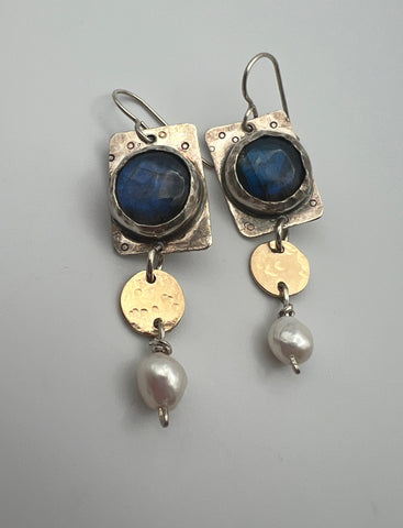 Bezel Labradorite Triple Drop Earrings