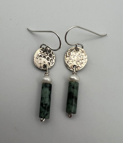 Round Textured Turquoise and Pearl Drop Earrings
