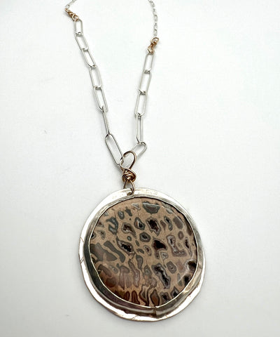 Bezel Set Druzy Petrified Wood Necklace