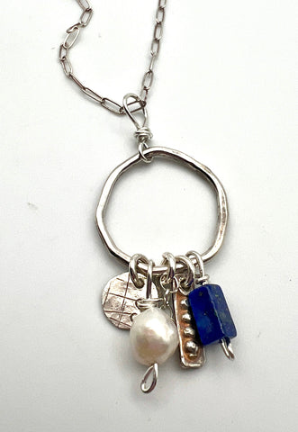 Pearl and Lapis Lazuli Wonky Charm Necklace