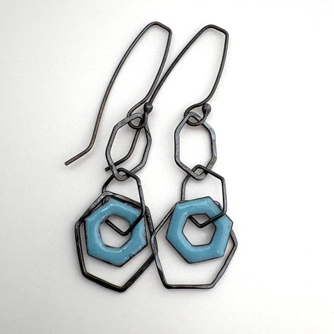 Blue Hexagon Enamel Earrings