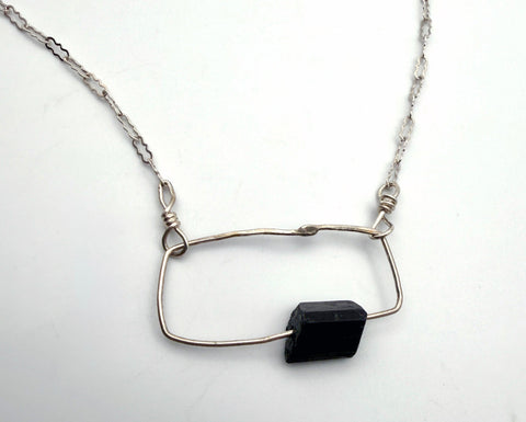 Black Tourmaline Wonky Thin Rectangle Necklace