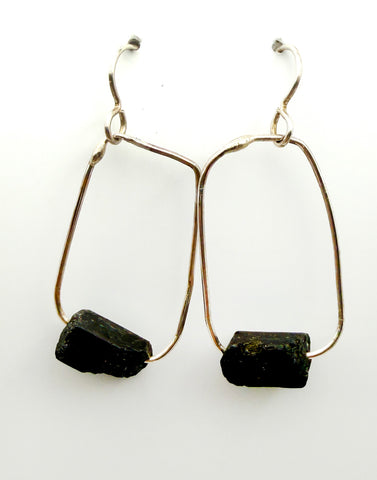 Black Tourmaline Wonky Thin Hoop Earrings
