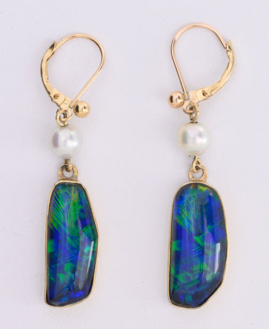 Opal Doublet and Cultured Pearl Earrings