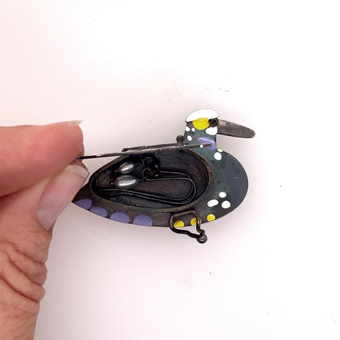 Harlequin Duck, Pin/Locket with Pearl Drop Earrings