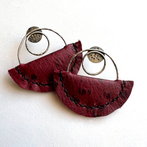 Silver and Red Leather Post Earrings